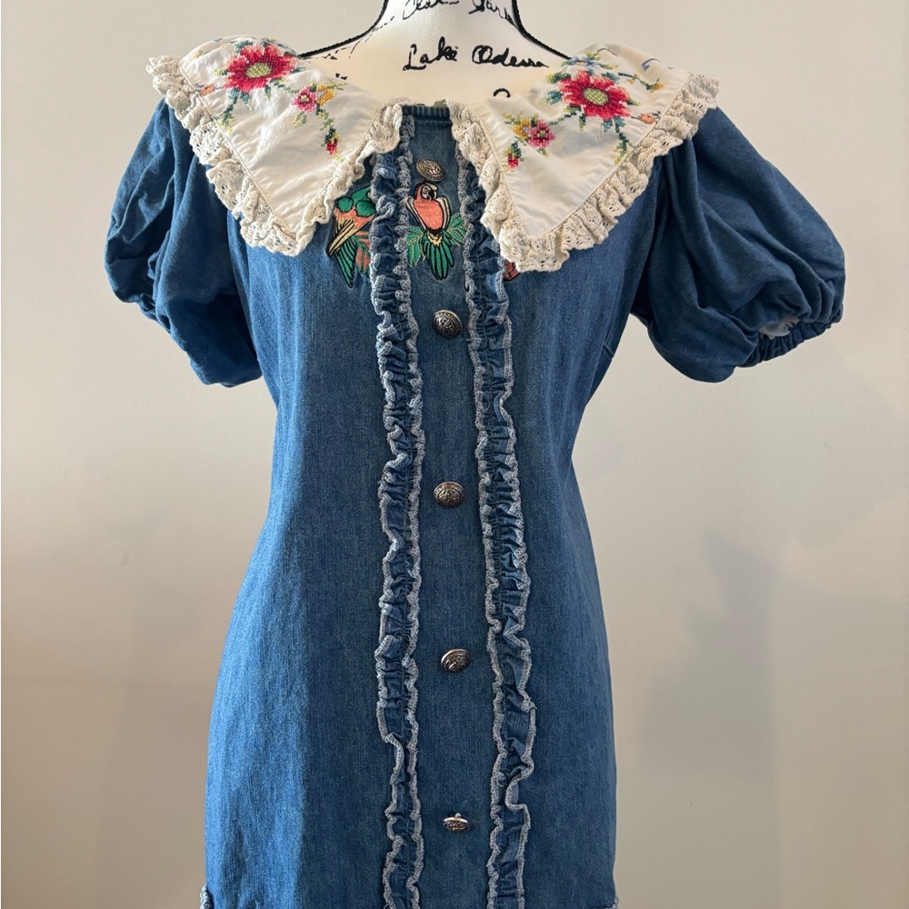 Blue Ruffled Midi Sundress with Puff Sleeves and Bib Collar